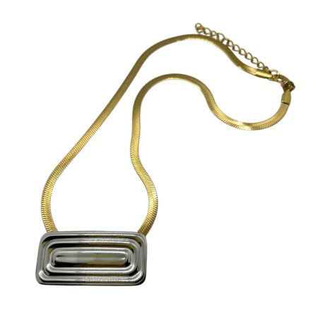 necklace steel gold snake with a rectangle silver element 